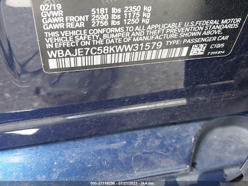 2019 BMW 5 SERIES 540I XDRIVE - WBAJE7C58KWW31579