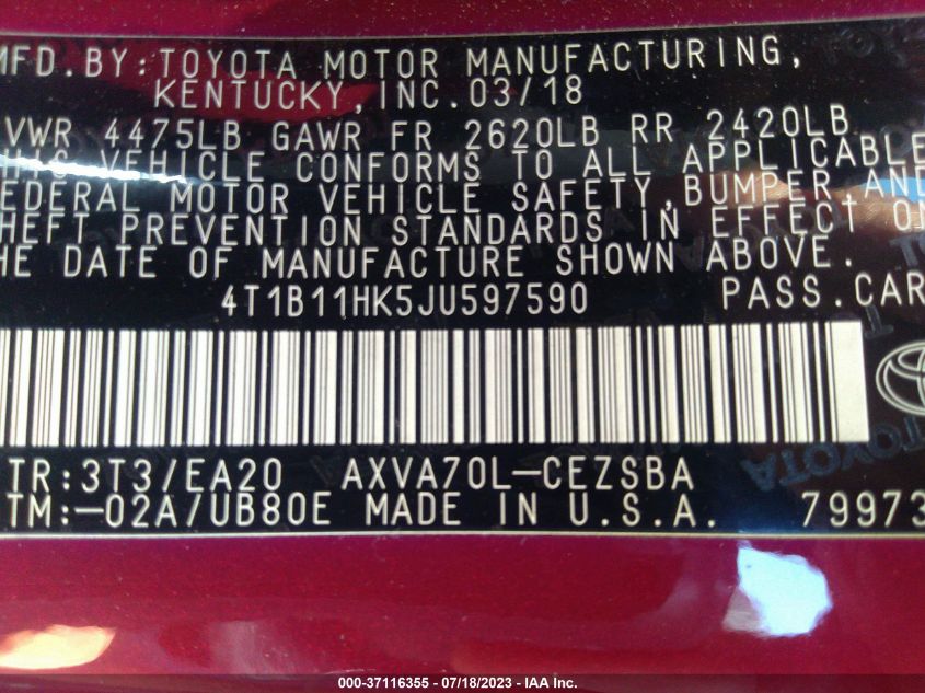 2018 TOYOTA CAMRY LE/SE/XLE/L - 4T1B11HK5JU597590