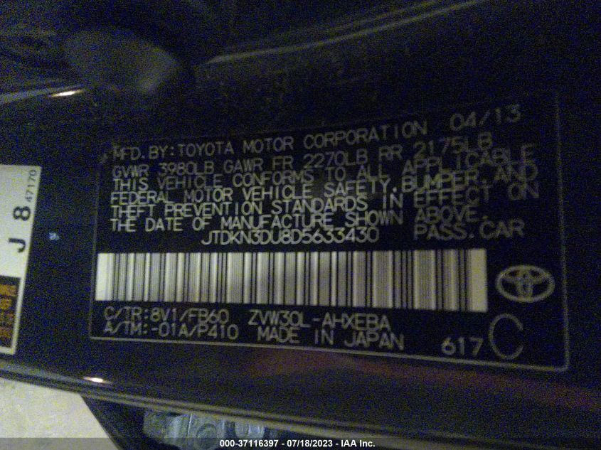 2013 TOYOTA PRIUS ONE/TWO/THREE/FOUR/FIVE - JTDKN3DU8D5633430