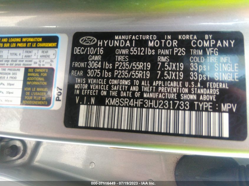 2017 HYUNDAI SANTA FE LIMITED ULTIMATE - KM8SR4HF3HU231733