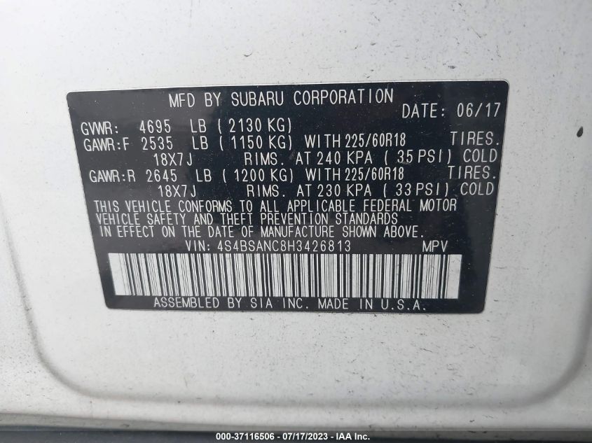 2017 SUBARU OUTBACK LIMITED - 4S4BSANC8H3426813