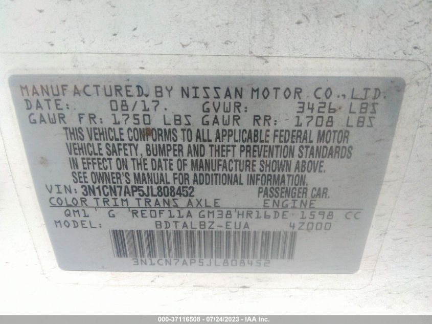 2018 NISSAN VERSA SEDAN SV - 3N1CN7AP5JL808452