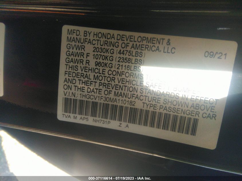 2021 HONDA ACCORD SEDAN SPORT - 1HGCV1F30MA110182