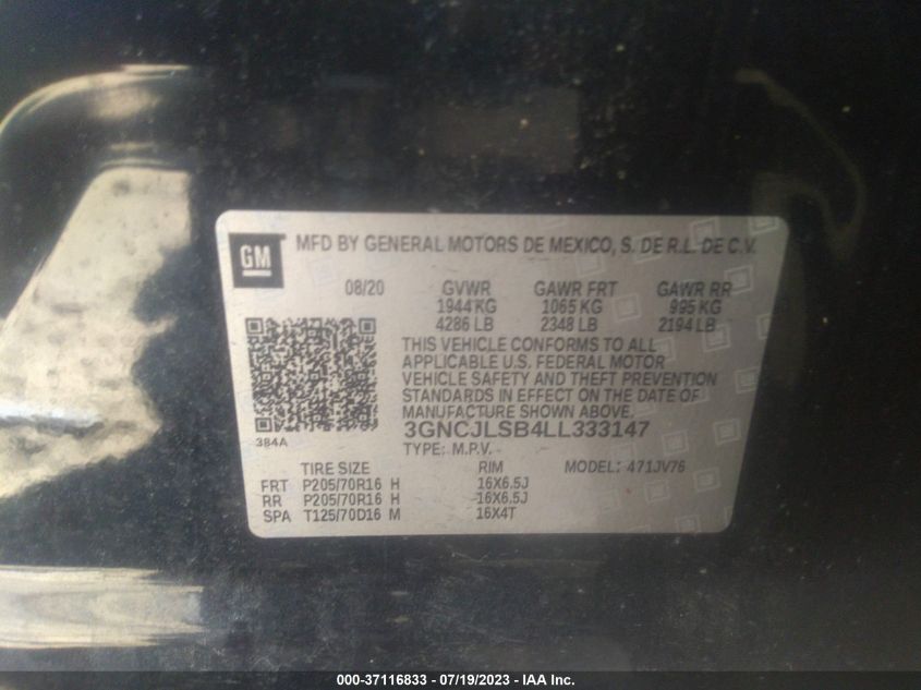 2020 CHEVROLET TRAX LT - 3GNCJLSB4LL333147
