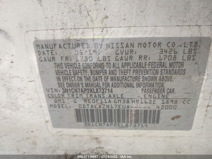 2019 NISSAN VERSA SEDAN S PLUS - 3N1CN7AP2KL873714