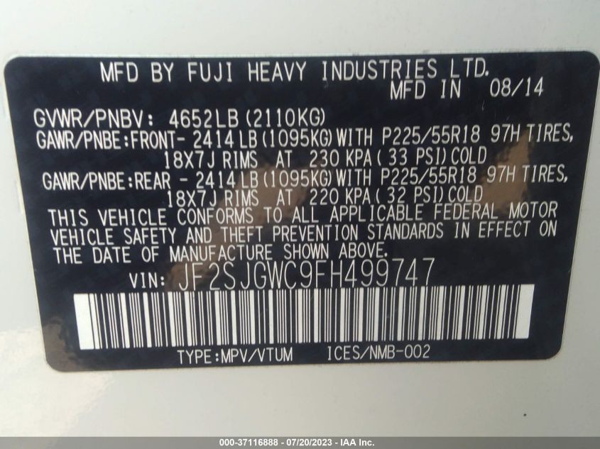 2015 SUBARU FORESTER 2.0XT TOURING - JF2SJGWC9FH499747