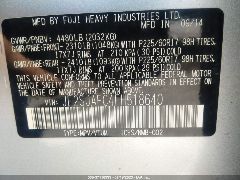2015 SUBARU FORESTER 2.5I PREMIUM - JF2SJAFC4FH518640
