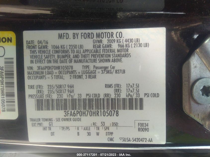 2017 FORD FUSION SE - 3FA6P0H70HR105078