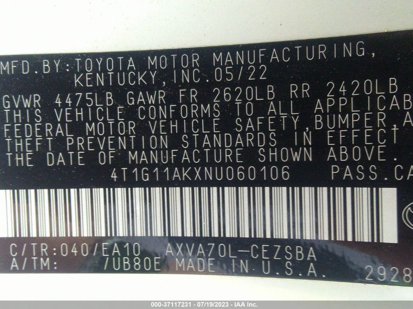 2022 TOYOTA CAMRY SE - 4T1G11AKXNU060106