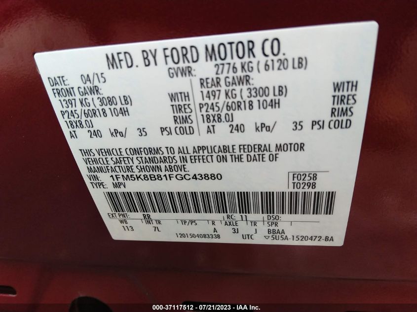 2015 FORD EXPLORER - 1FM5K8B81FGC43880