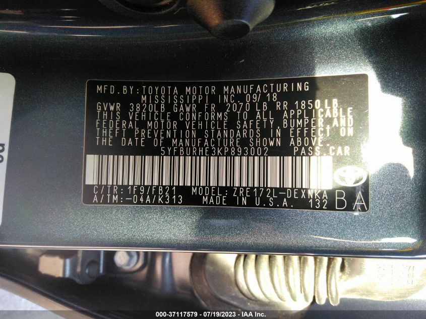 2019 TOYOTA COROLLA L/LE/XLE/SE/XSE - 5YFBURHE3KP893002
