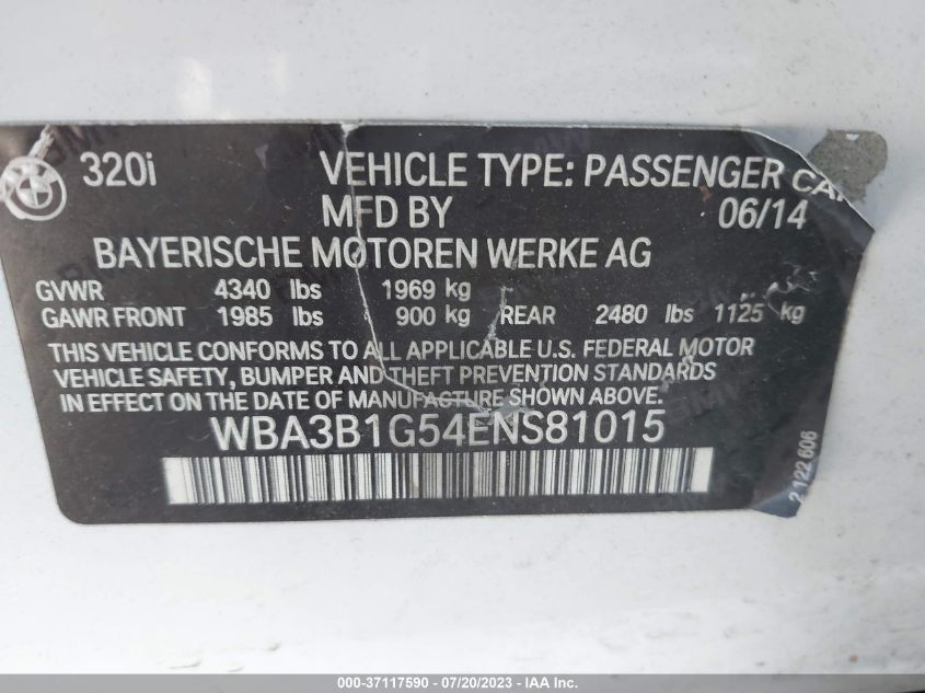 2014 BMW 3 SERIES 320I - WBA3B1G54ENS81015