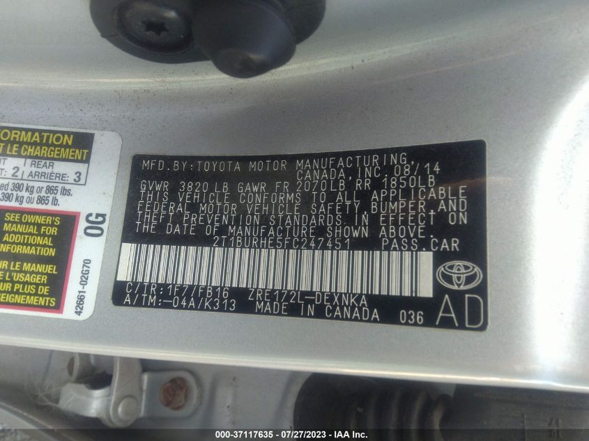 2015 TOYOTA COROLLA L/LE/S/S PLUS/LE PLUS - 2T1BURHE5FC247451