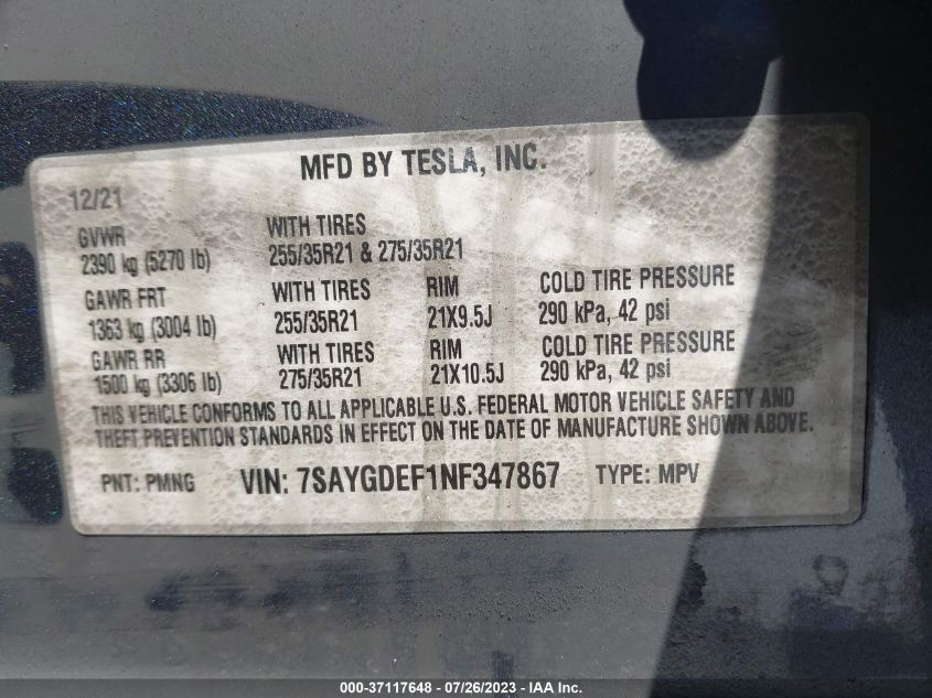 2022 TESLA MODEL Y PERFORMANCE - 7SAYGDEF1NF347867