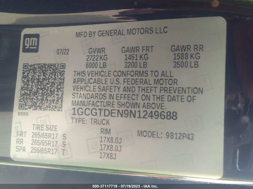 2022 CHEVROLET COLORADO 4WD Z71 - 1GCGTDEN9N1249688