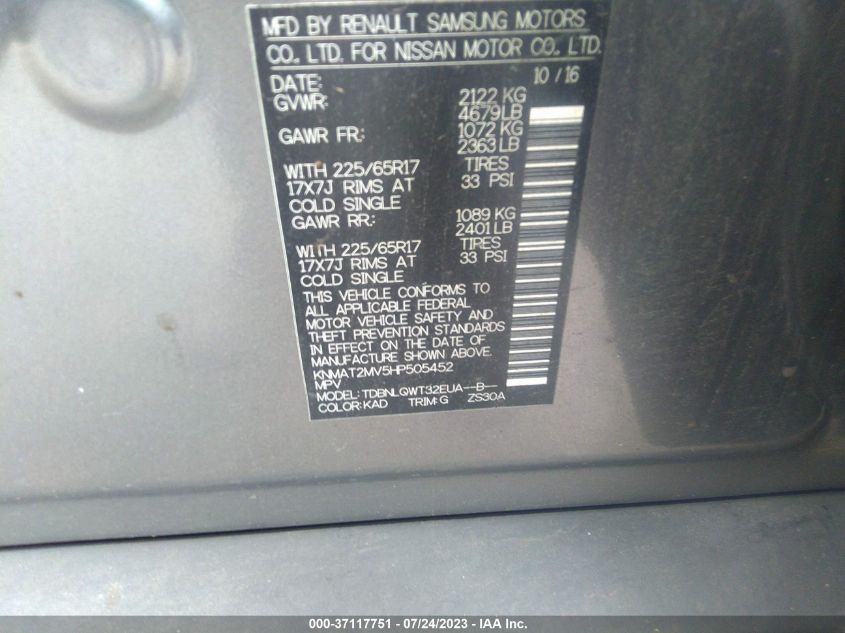 2017 NISSAN ROGUE SV - KNMAT2MV5HP505452