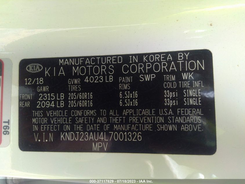 2020 KIA SOUL S - KNDJ23AU4L7001326