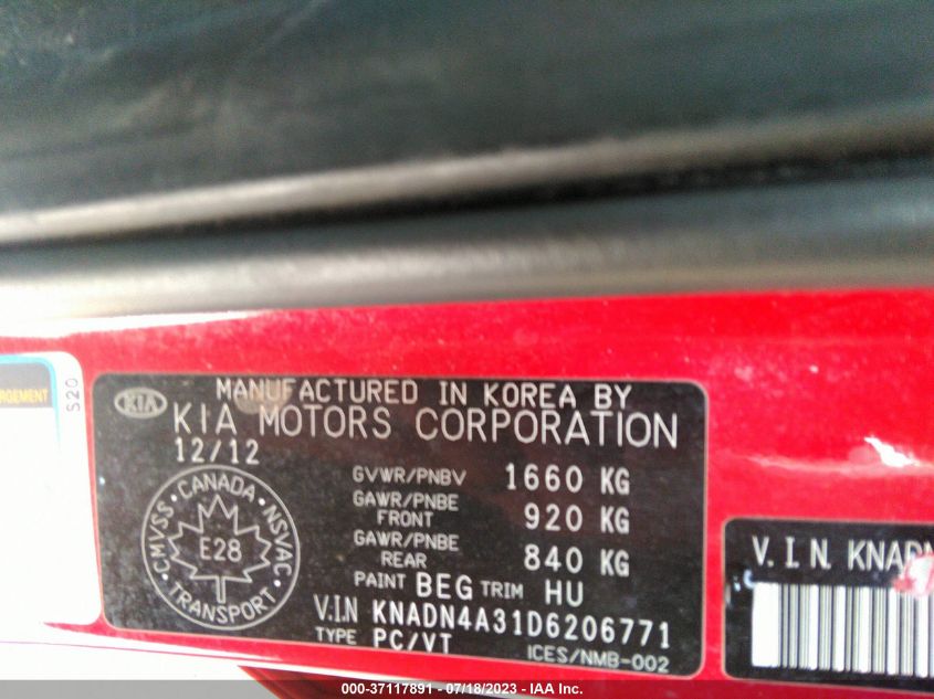 2013 KIA RIO SX/EX/LX - KNADN4A31D6206771