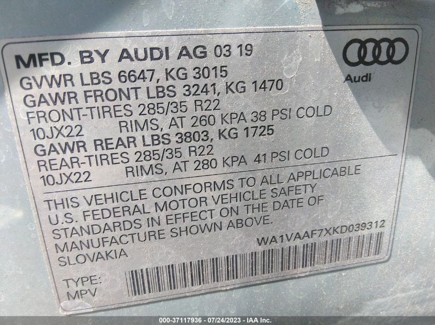 2019 AUDI Q7 PRESTIGE - WA1VAAF7XKD039312