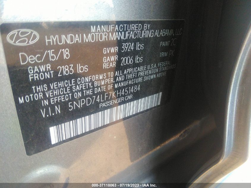 5NPD74LF7KH451484 Hyundai Elantra SE 9