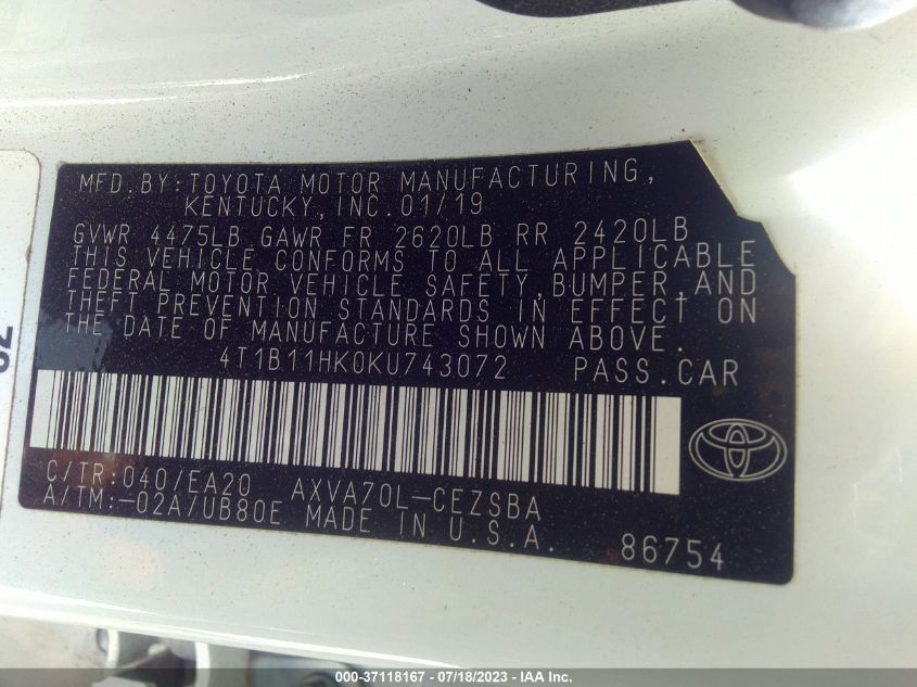2019 TOYOTA CAMRY LE/SE/XLE/L - 4T1B11HK0KU743072