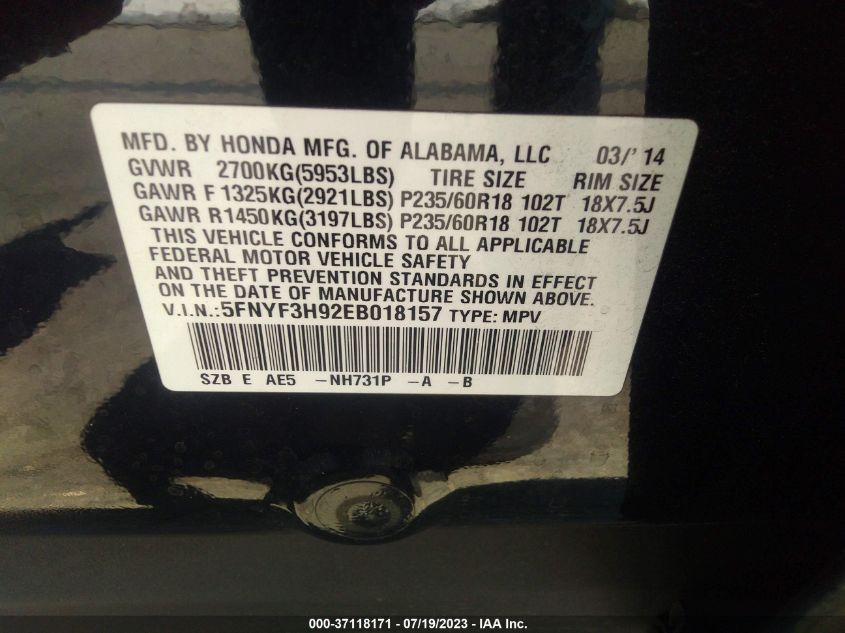 2014 HONDA PILOT TOURING - 5FNYF3H92EB018157