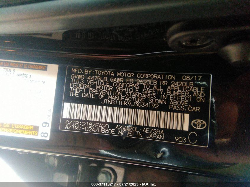 2018 TOYOTA CAMRY L/LE/XLE/SE/XSE - JTNB11HK9J3034192