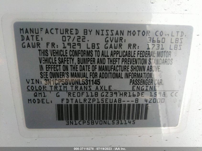 2022 NISSAN KICKS S - 3N1CP5BV0NL531145