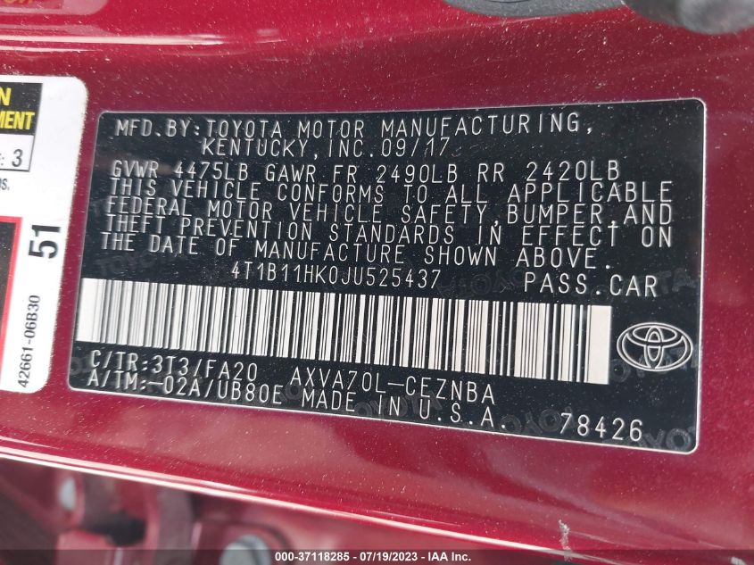 2018 TOYOTA CAMRY LE/SE/XLE/L - 4T1B11HK0JU525437