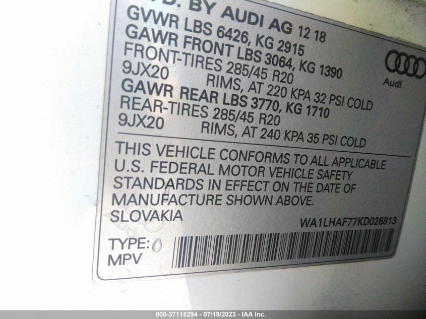 WA1LHAF77KD026813 2019 AUDI Q7, photo no. 9