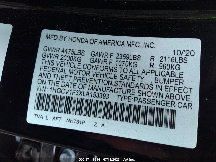 2020 HONDA ACCORD SEDAN SPORT - 1HGCV1F3XLA153393