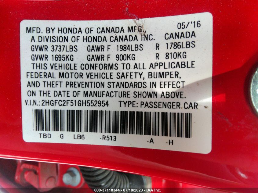 2016 HONDA CIVIC SEDAN LX - 2HGFC2F51GH552954