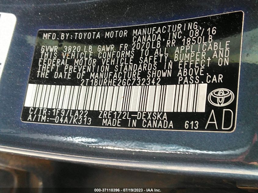 2016 TOYOTA COROLLA L/LE/S/S PLUS/LE PLUS - 2T1BURHE2GC732342