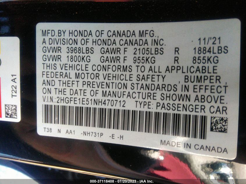 2022 HONDA CIVIC SI 2HGFE1E51NH470712