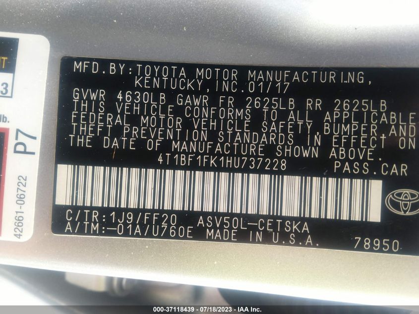 2017 TOYOTA CAMRY XLE/SE/LE/XSE - 4T1BF1FK1HU737228