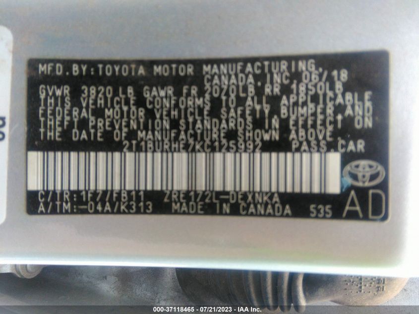 2019 TOYOTA COROLLA L/LE/XLE/SE/XSE - 2T1BURHE7KC125992