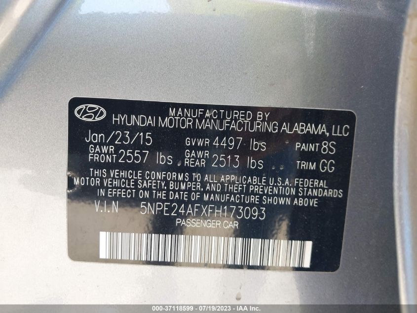 2015 HYUNDAI SONATA 2.4L - 5NPE24AFXFH173093