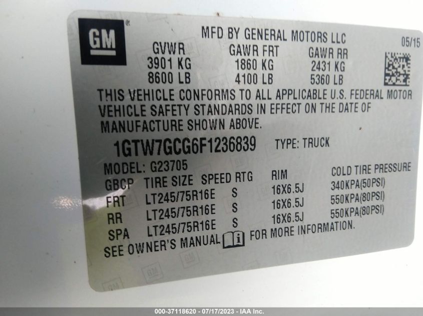 2015 GMC SAVANA CARGO VAN 1GTW7GCG6F1236839