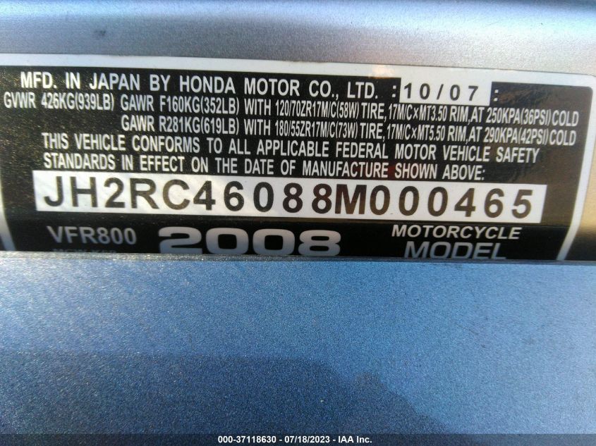 2008 HONDA VFR800 JH2RC46088M000465