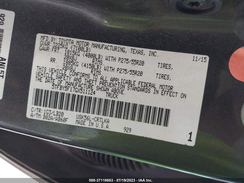 2016 TOYOTA TUNDRA 4WD TRUCK LTD - 5TFBY5F17GX511124