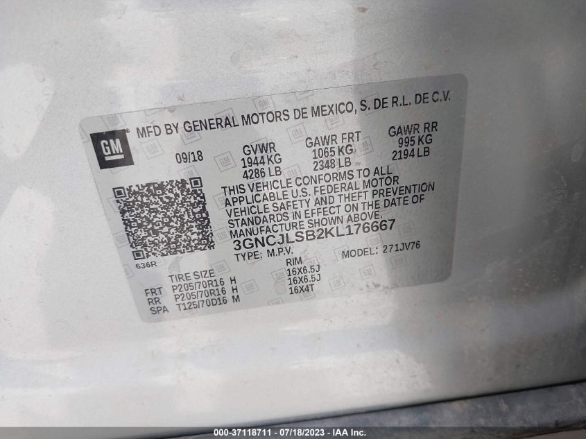 2019 CHEVROLET TRAX LT - 3GNCJLSB2KL176667