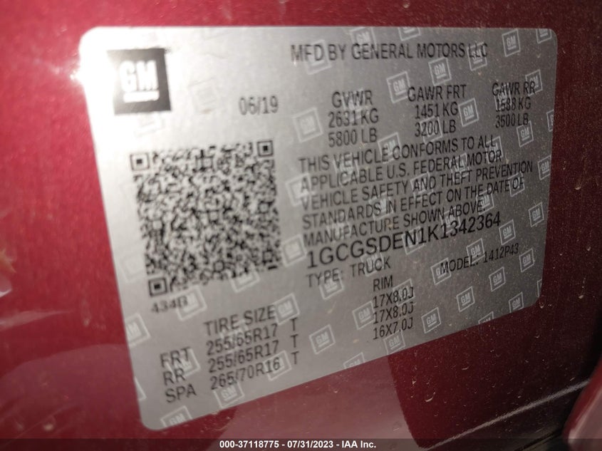 VIN 1GCGSDEN1K1342364 2019 CHEVROLET COLORADO 2WD Z71