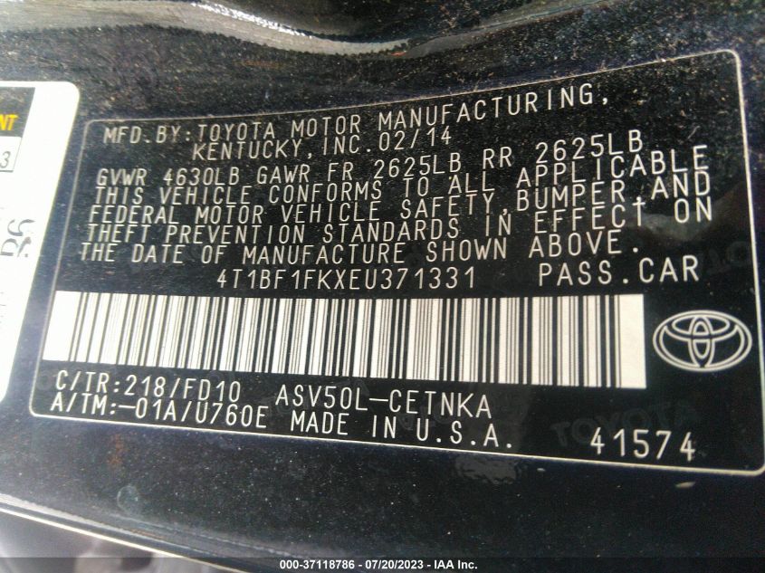 2014 TOYOTA CAMRY L/LE/XLE/SE/SE SPORT - 4T1BF1FKXEU371331