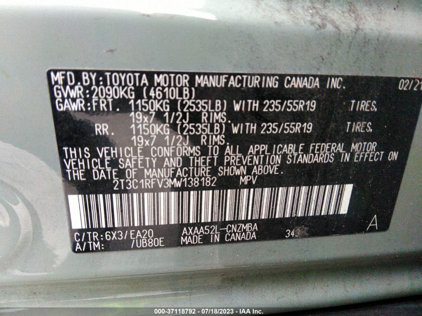 2021 TOYOTA RAV4 XLE PREMIUM - 2T3C1RFV3MW138182