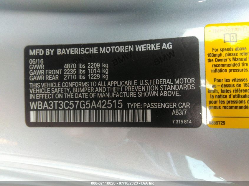 2016 BMW 4 SERIES 435I - WBA3T3C57G5A42515