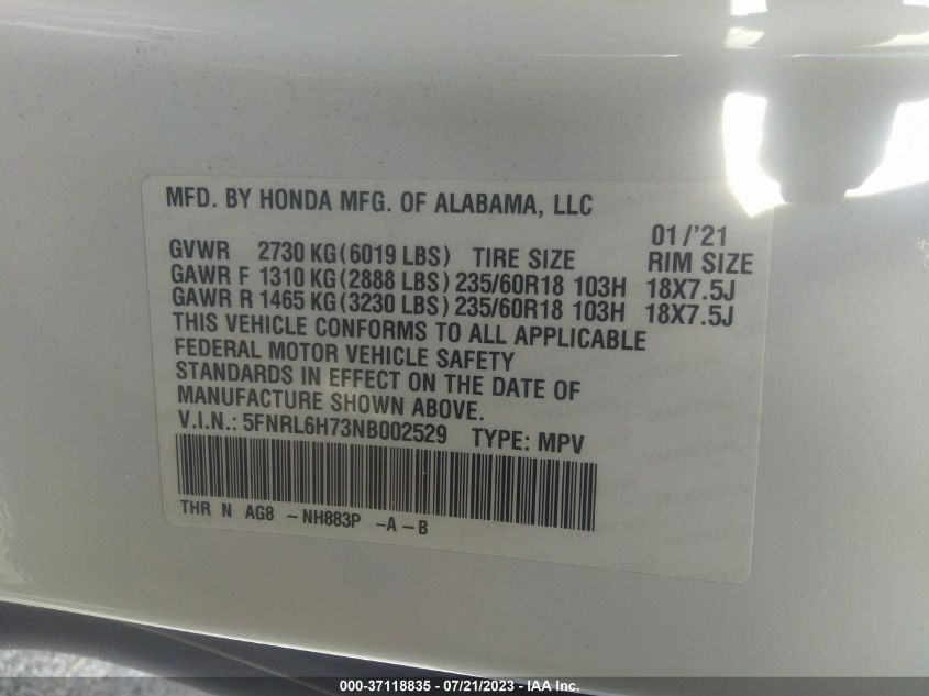 5FNRL6H73NB002529 2022 HONDA ODYSSEY, photo no. 9