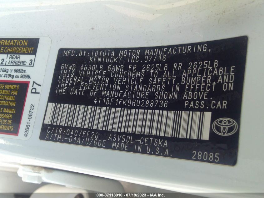2017 TOYOTA CAMRY XLE/SE/LE/XSE - 4T1BF1FK9HU288736