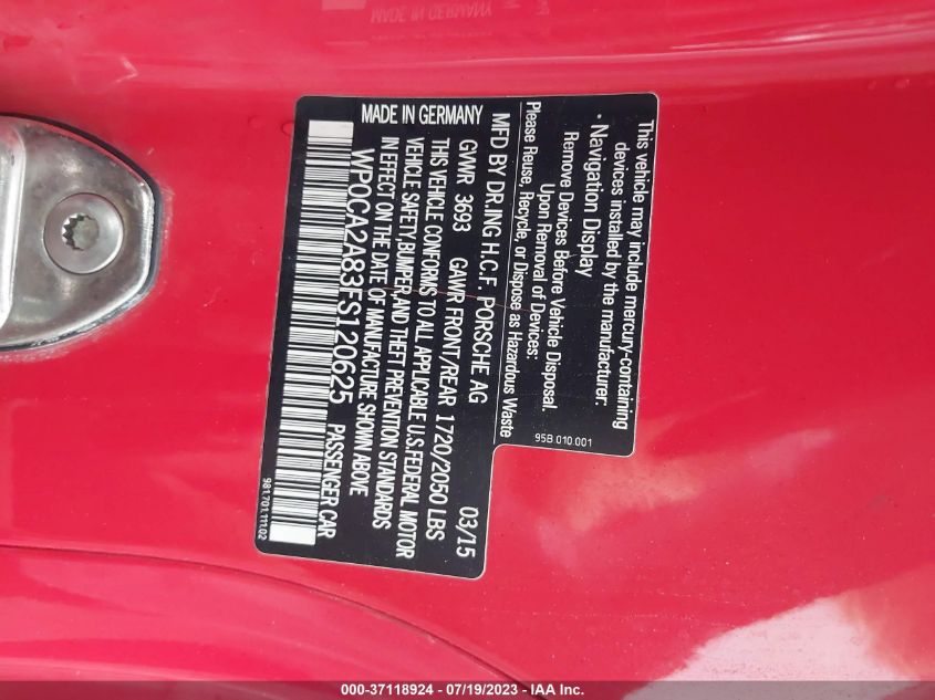 2015 PORSCHE BOXSTER - WP0CA2A83FS120625