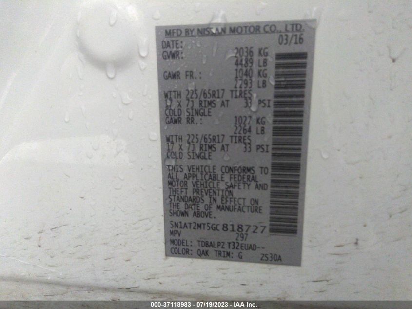 2016 NISSAN ROGUE SV/SL/S - 5N1AT2MT5GC818727