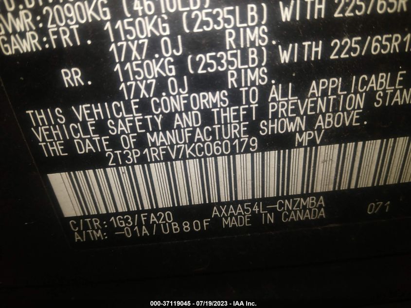 2019 TOYOTA RAV4 XLE - 2T3P1RFV7KC060179